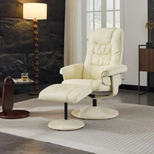 015-PU Leather Massage Reclining Chair with Ottoman, 360° Swivel Stressless Recliner with 5 Point Vibration Massage, Seat Heating and 140° Adjustable Backrest for Home or Office, Beige (Beige)