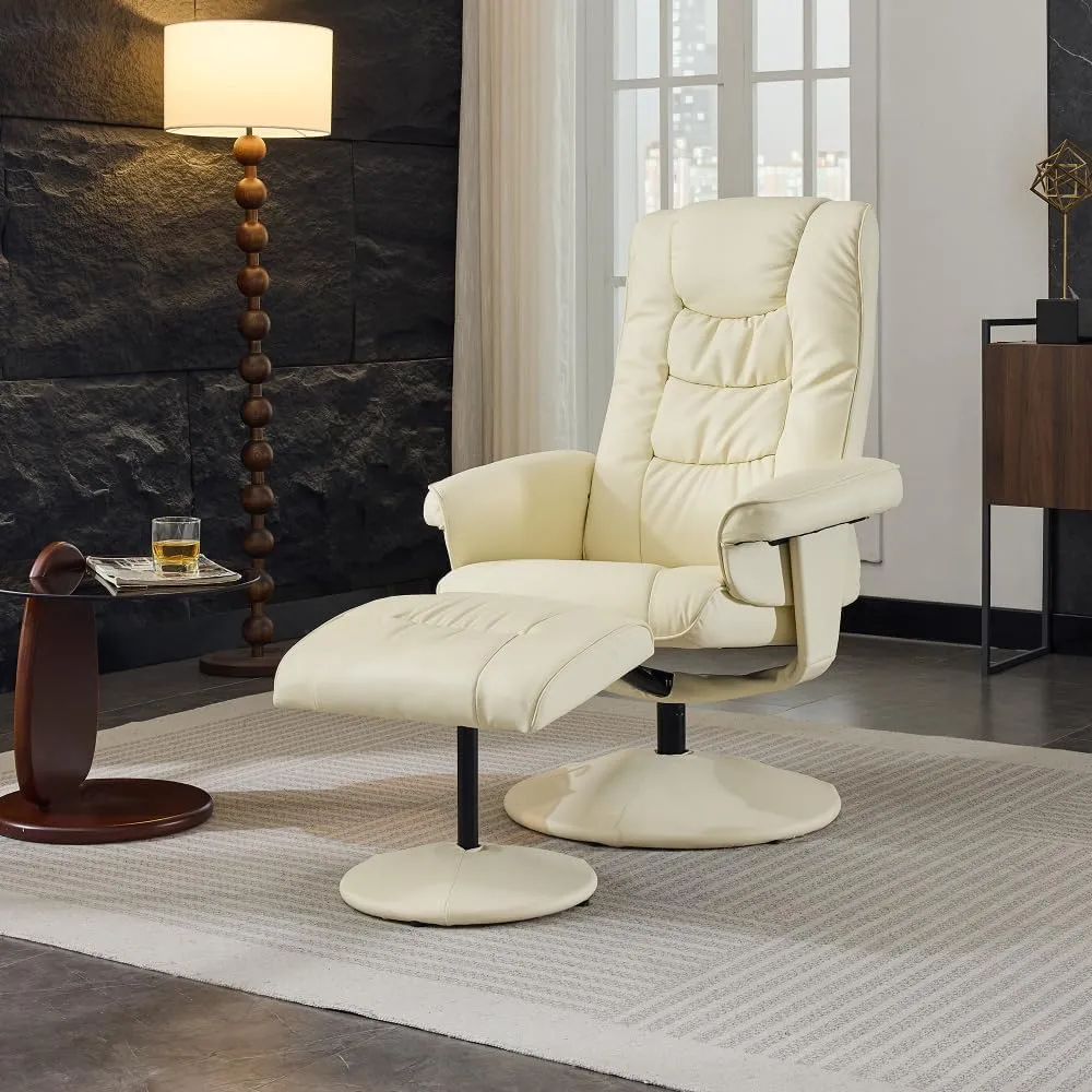015-PU Leather Massage Reclining Chair with Ottoman, 360° Swivel Stressless Recliner with 5 Point Vibration Massage, Seat Heating and 140° Adjustable Backrest for Home or Office, Beige (Beige)