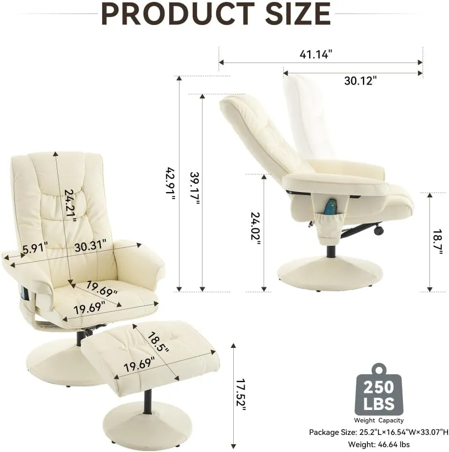015-PU Leather Massage Reclining Chair with Ottoman, 360° Swivel Stressless Recliner with 5 Point Vibration Massage, Seat Heating and 140° Adjustable Backrest for Home or Office, Beige (Beige)