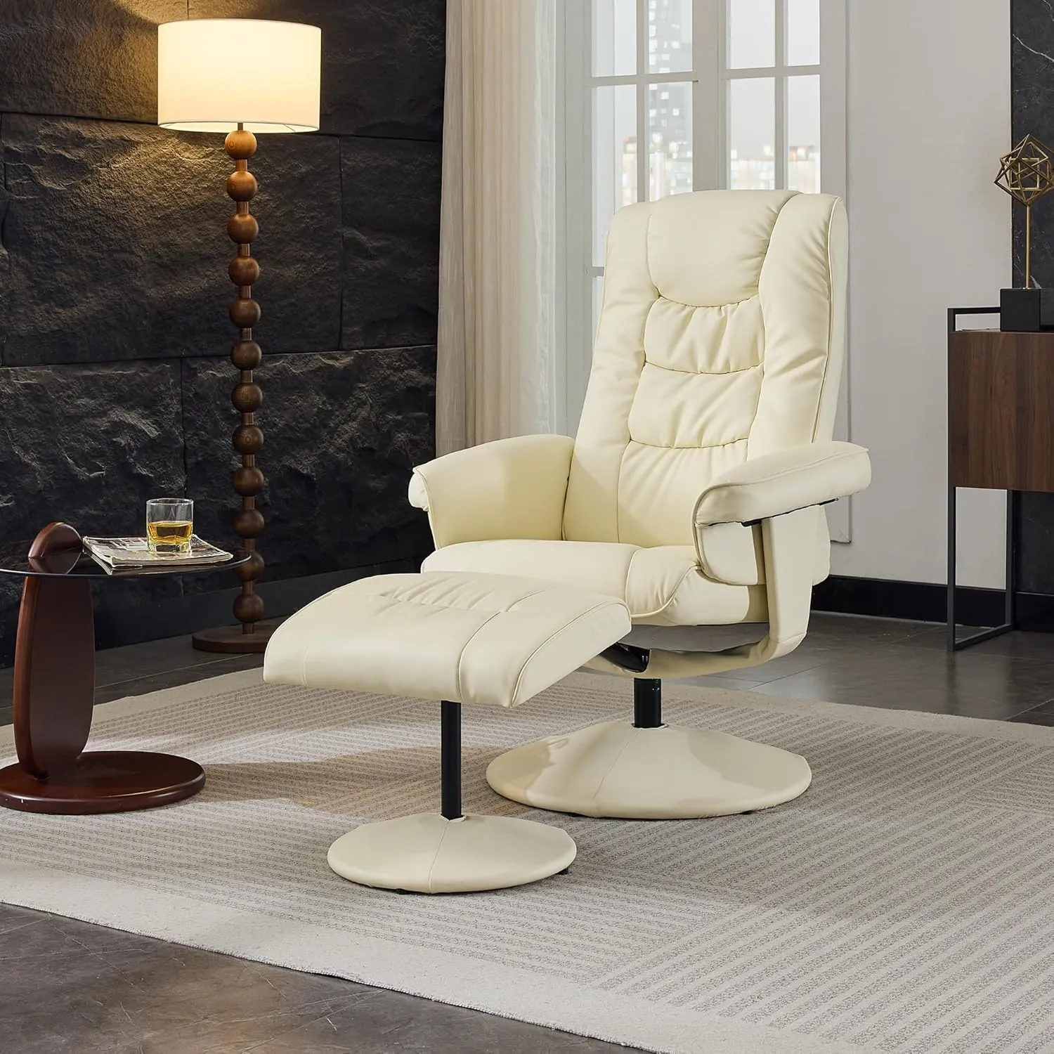 015 PU Leather Massage Reclining Chair with Ottoman, 360° Swivel Stressless Recliner with 5 Point Vibration Massage, Seat Heating and 140° Adjustable Backrest for Home or Office, Beige