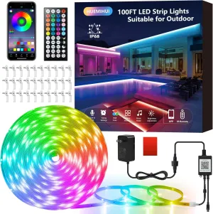 100Ft Outdoor LED Strip Lights,Waterproof IP68 Ultra Long RGB Color Changing LED Lights with IR Remote and APP, 24V Music Sync Light Strips,Flexible Indoor/Outdoor LED Tape Lights for Garden Terrace