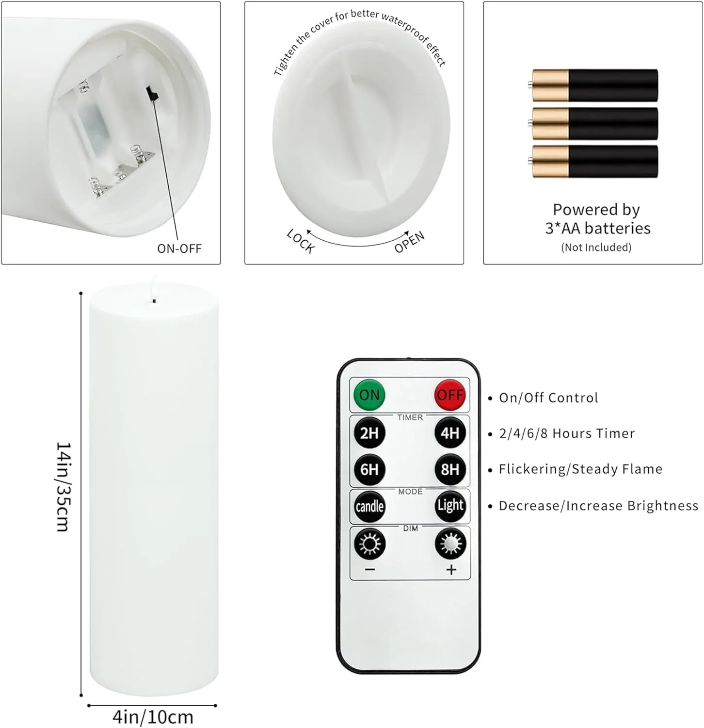 14" x 4" Large Outdoor Candle with Timer Waterproof Flickering LED Flameless Candle Battery Operated with Remote Fake Pillar Candle Realistic for Patio Porch Lantern, White 1 Pack