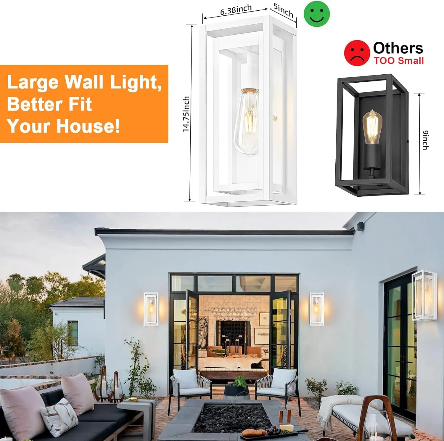 15" Large Outdoor Wall Lights, 2 Pack White Outdoor Light Fixtures, Modern Waterproof Exterior Lighting Sconces with Clear Glass Shade for Front Door, Porch, Garage