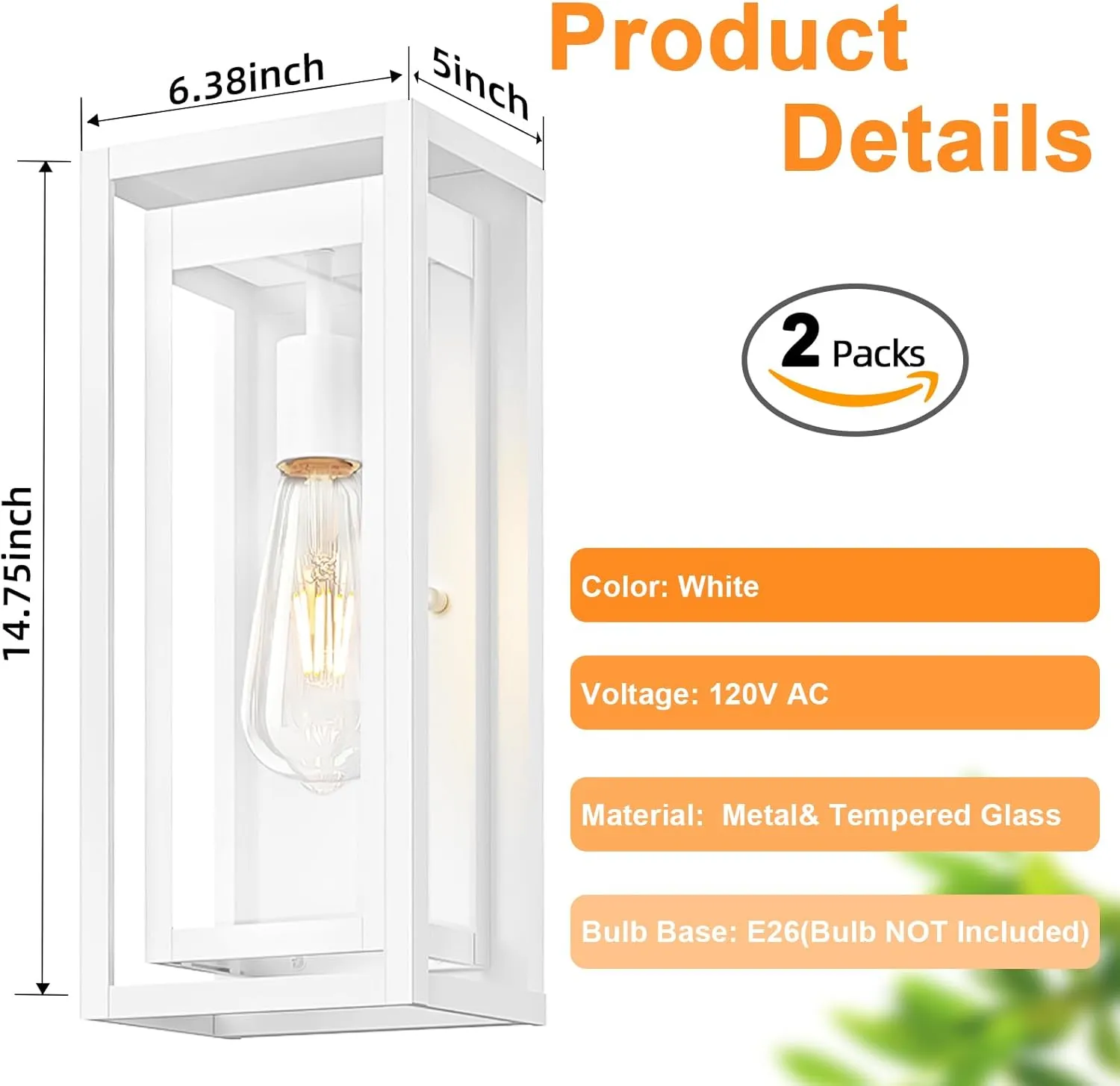 15" Large Outdoor Wall Lights, 2 Pack White Outdoor Light Fixtures, Modern Waterproof Exterior Lighting Sconces with Clear Glass Shade for Front Door, Porch, Garage