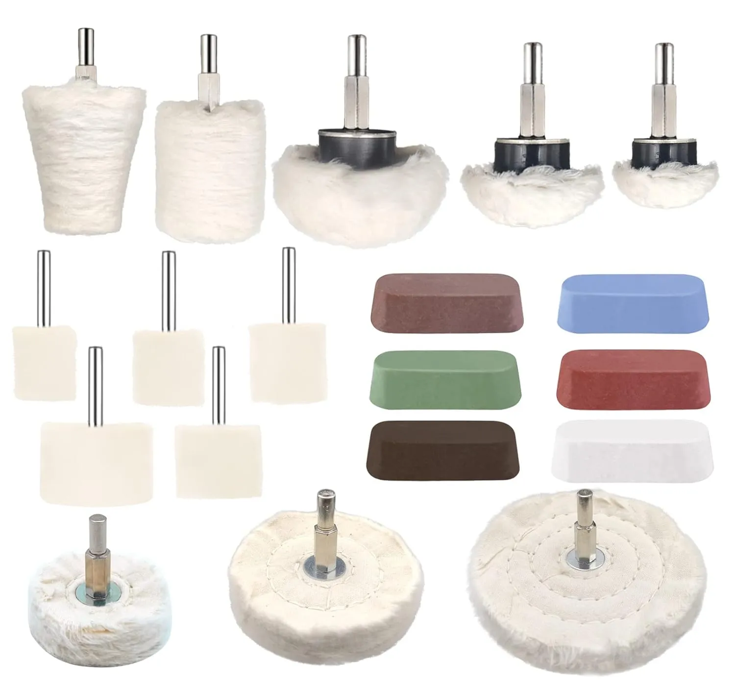 19 Pcs Buffing Wheel for Drill,Buffing Pad Polishing Wheel Kits with 6 Pcs Polishing Compound and 5 Pcs Felt Polishing Wheel,for Aluminum, Stainless Steel, Chrome,Metal,Glass,Car Detailing