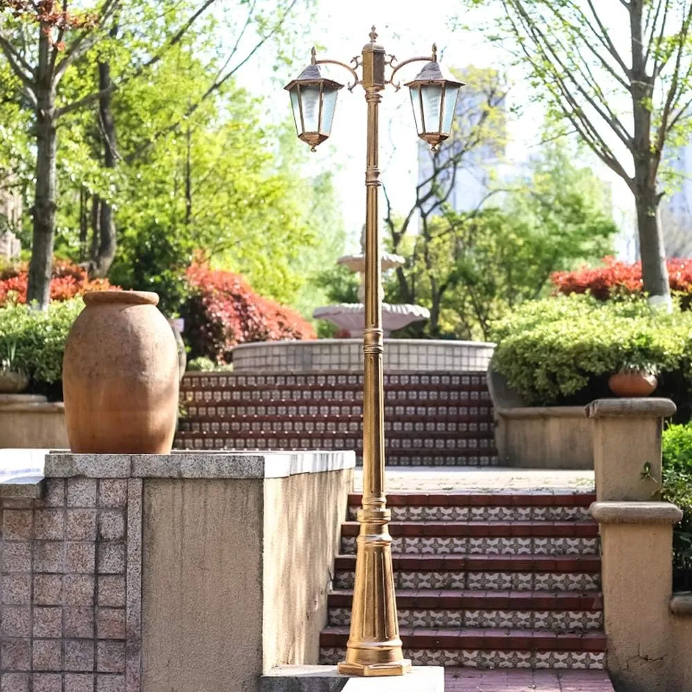 2-Head European Creative Hexagon Streetlight Outdoor Waterproof Patio Landscape Lantern Edison E27 High Pole Patio Pedestal Light Community Decoration Pedestal Light Stadium