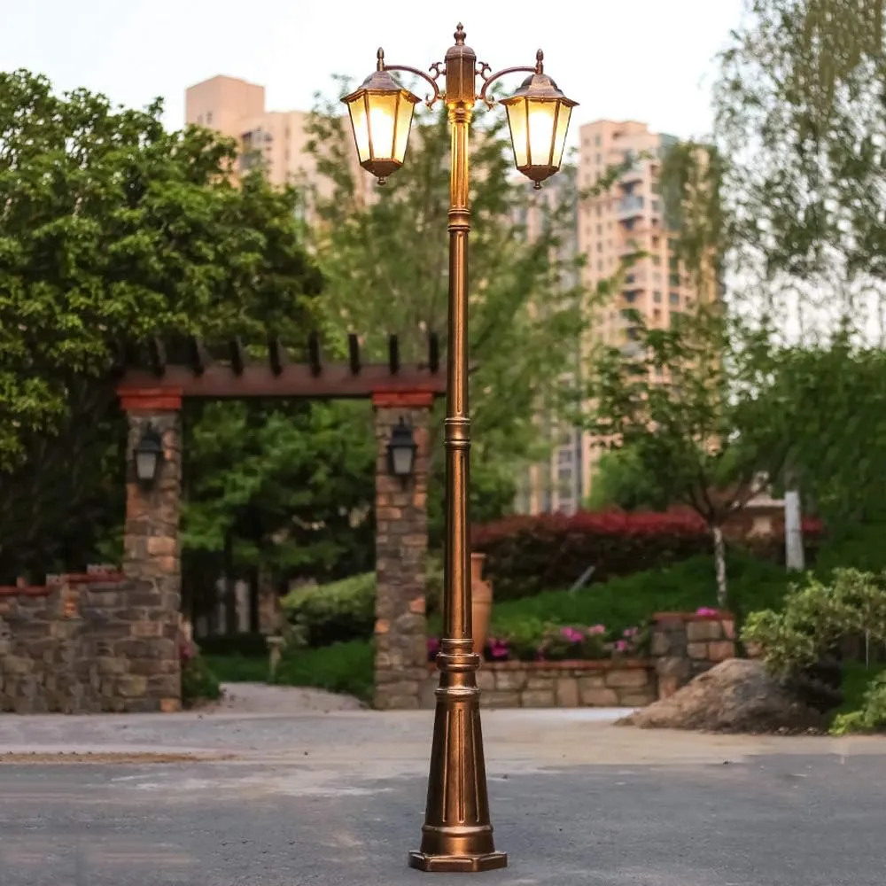 2-Head European Creative Hexagon Streetlight Outdoor Waterproof Patio Landscape Lantern Edison E27 High Pole Patio Pedestal Light Community Decoration Pedestal Light Stadium