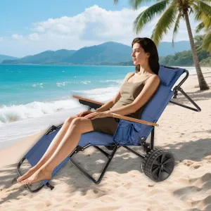 2 in 1 Beach Chair, Beach Cart Chairs with Wheels, Folding Tanning Lounge Chair with Integrated Wagon Pull Cart, for Patio Backyard Pool or Picnic (Dark Blue)