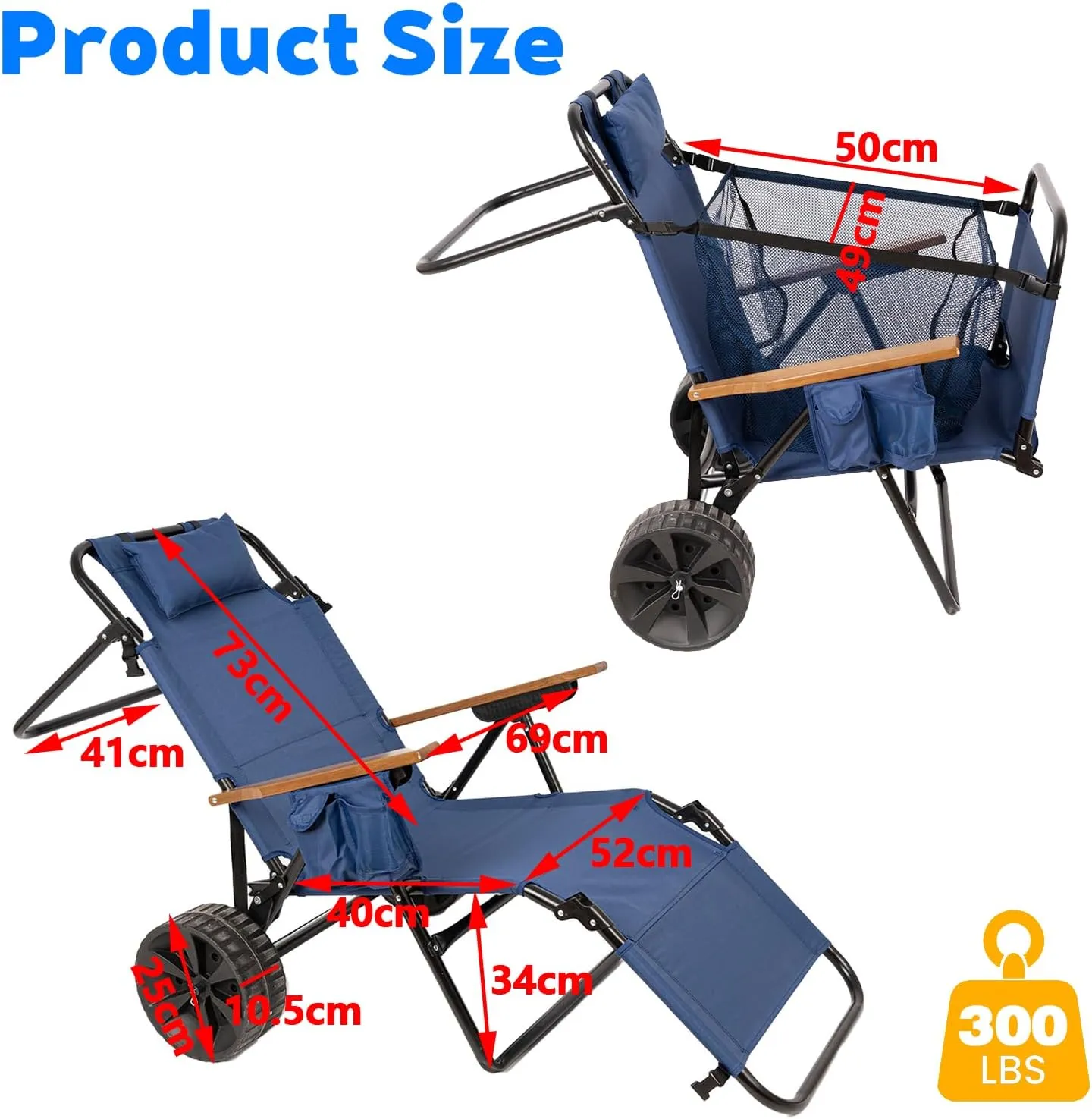 2 in 1 Beach Chair, Beach Cart Chairs with Wheels, Folding Tanning Lounge Chair with Integrated Wagon Pull Cart, for Patio Backyard Pool or Picnic (Dark Blue)