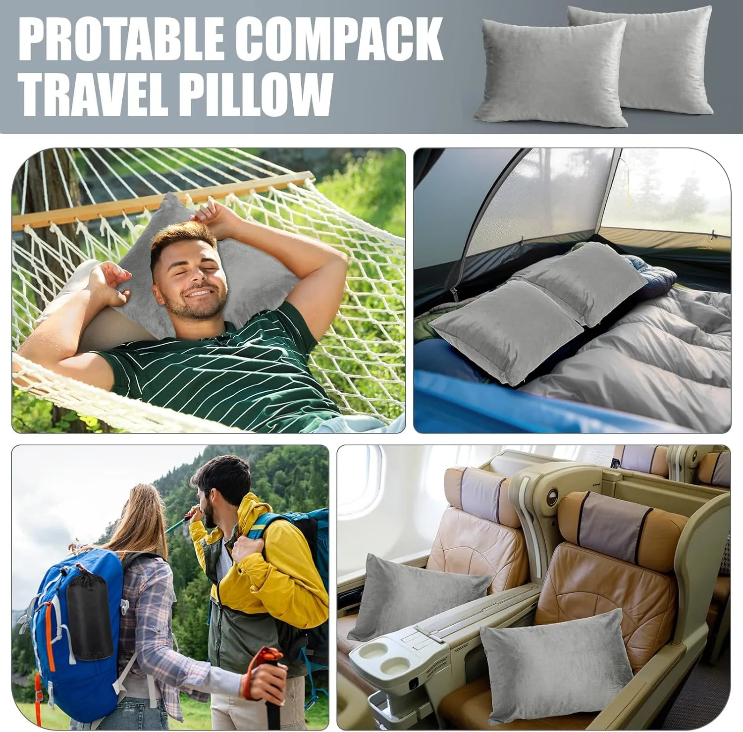 2 Pack Camping Pillow for Sleeping Shredded Memory Foam Travel Pillow with Storage Bag, Compressible Portable Pillow for Outdoor Camp Backpacking Hiking Essential Gear (Grey,Small)