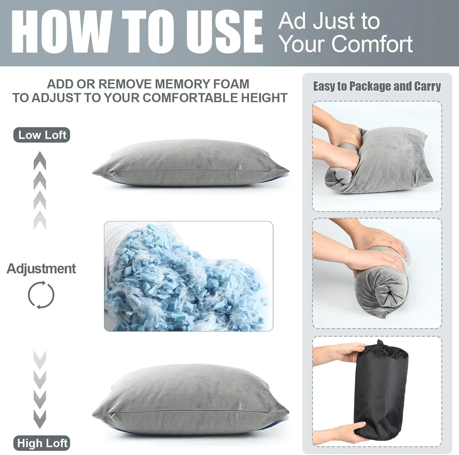 2 Pack Camping Pillow for Sleeping Shredded Memory Foam Travel Pillow with Storage Bag, Compressible Portable Pillow for Outdoor Camp Backpacking Hiking Essential Gear (Grey,Small)
