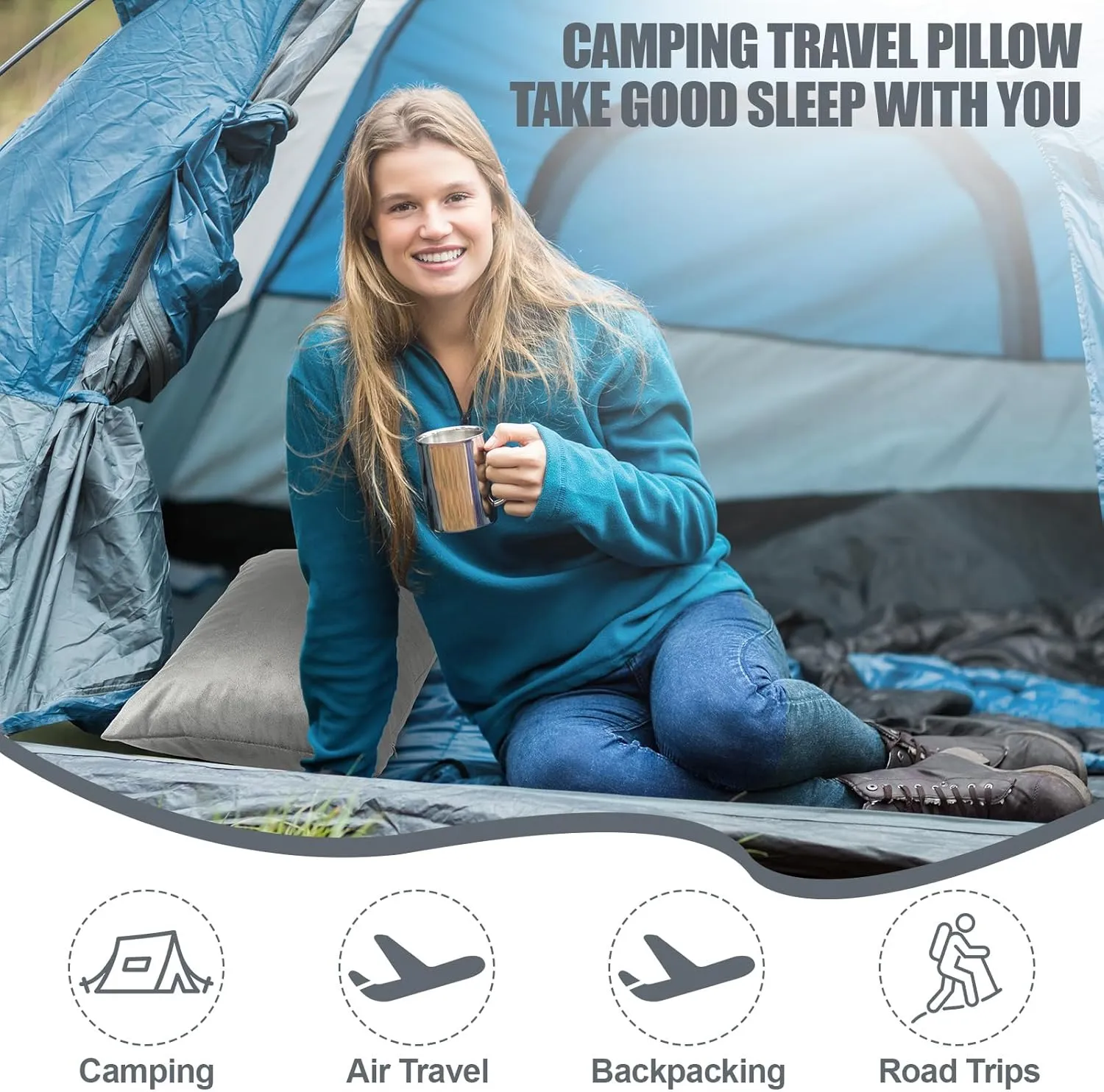 2 Pack Camping Pillow for Sleeping Shredded Memory Foam Travel Pillow with Storage Bag, Compressible Portable Pillow for Outdoor Camp Backpacking Hiking Essential Gear (Grey,Small)
