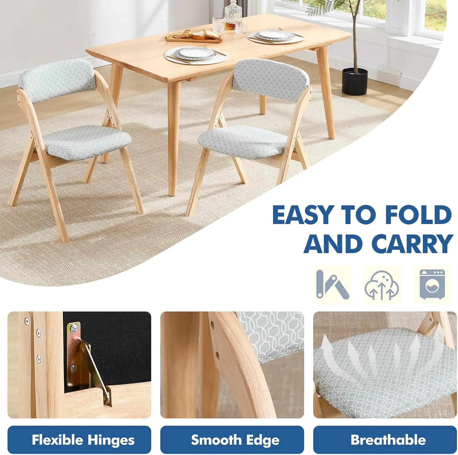 2 Pack Folding Chairs with Cushion, Raw Wooden Padded Folding Chairs Portable Foldable Dining Chairs Indoor Outdoor for Kitchen Dining Room,Wedding Party, Picnic Green