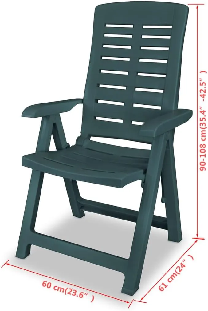 2-Pack Green Plastic Reclining Patio Chairs, 4-Position Foldable Outdoor Lounge Chairs with Weather-Resistant Design for Poolside, Camping, Beach and Backyard Relaxation