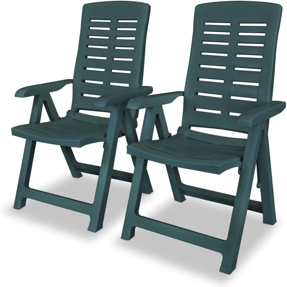2-Pack Green Plastic Reclining Patio Chairs, 4-Position Foldable Outdoor Lounge Chairs with Weather-Resistant Design for Poolside, Camping, Beach and Backyard Relaxation