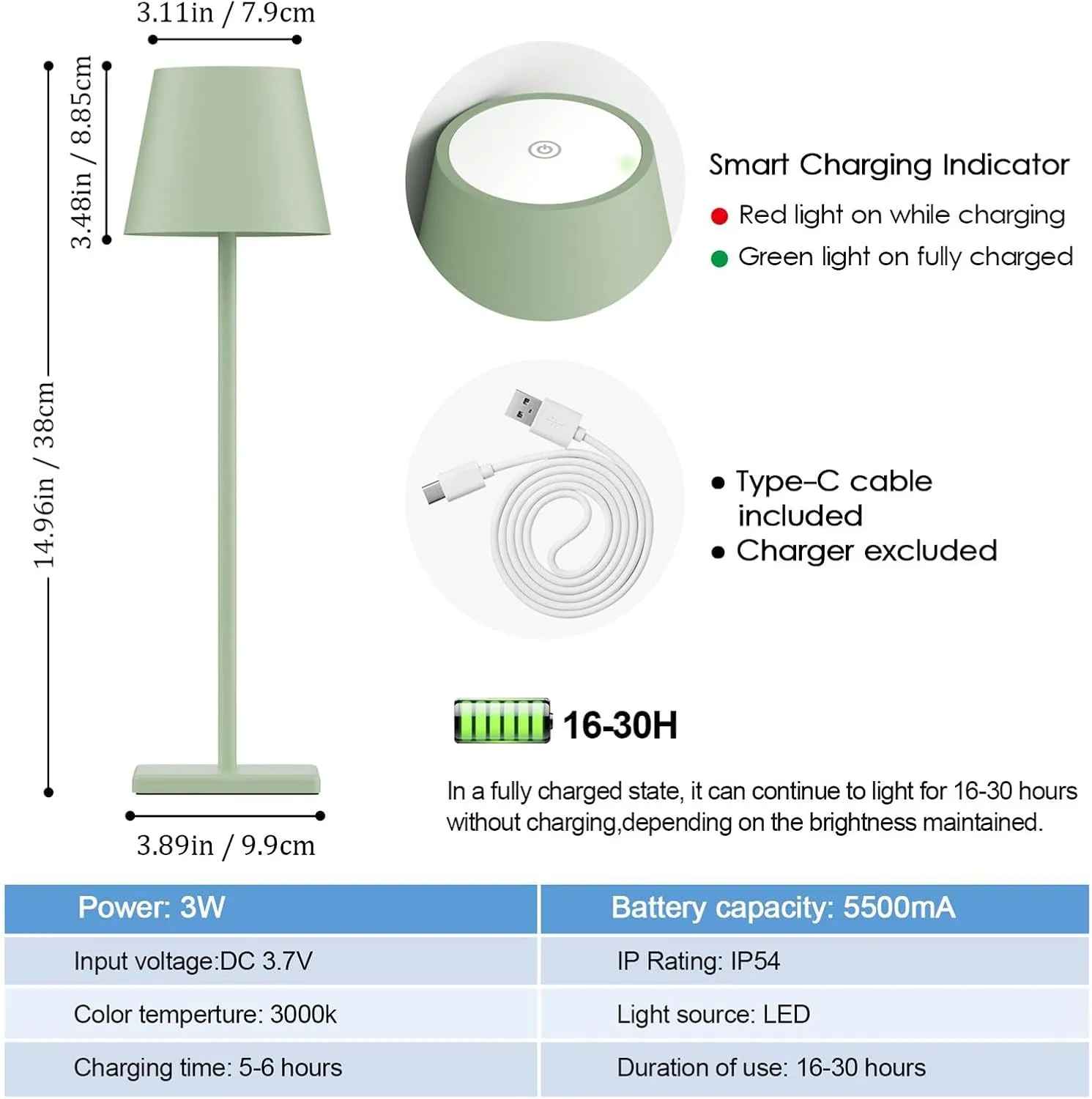 2-Pack LED Cordless Table Lamp, Rechargeable Battery Desk lamp 3W 5500mAh Battery Operated Stepless Dimming Modern Portable Table Light for Restaurant/Bedroom/Outdoor IP54 Waterproof (Green)