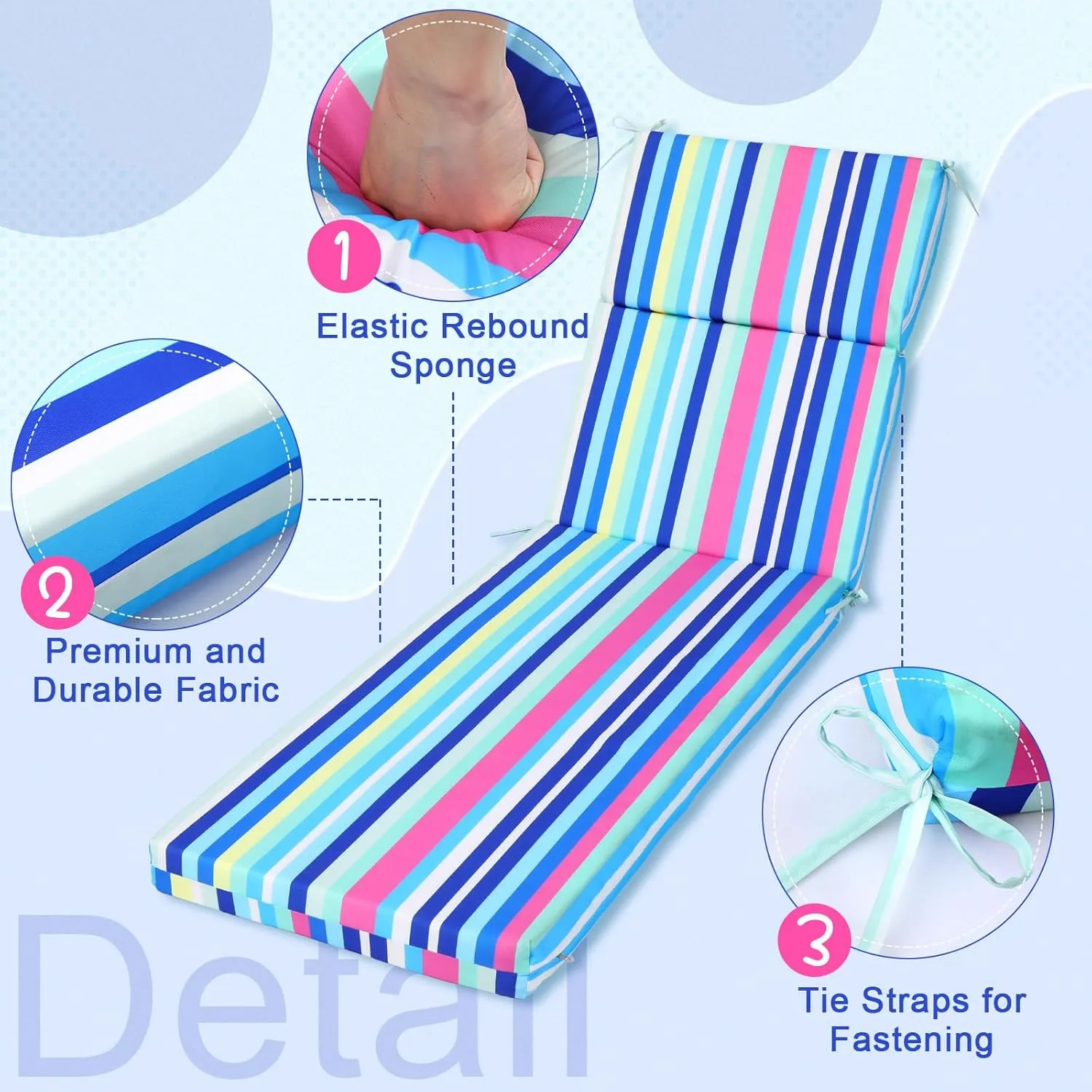 2 Pcs Indoor Outdoor Chaise Lounge Cushions Sponge Bench Outdoor Furniture Chaise Cushions Patio Chair Furniture Replacement (Blue Stripes)