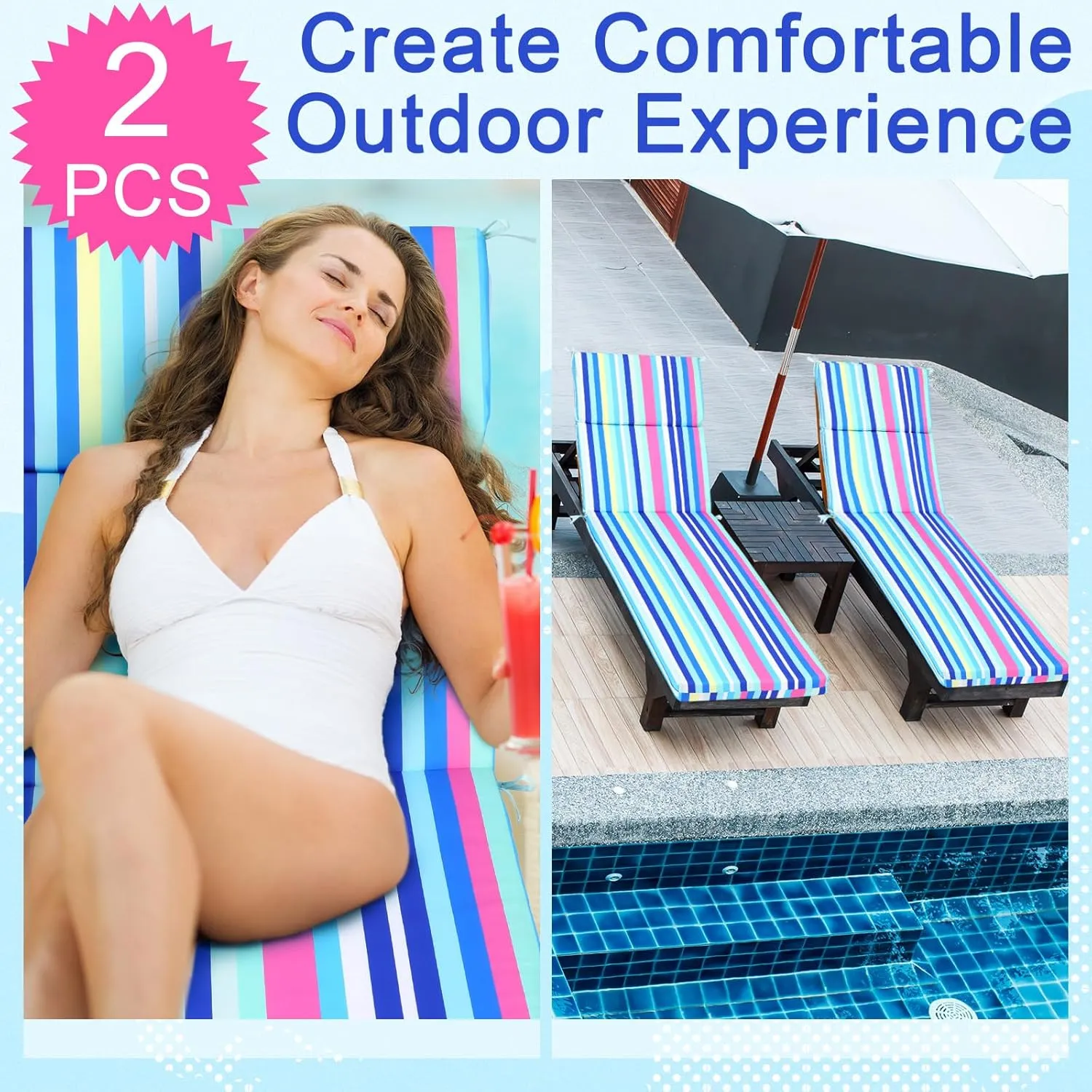 2 Pcs Indoor Outdoor Chaise Lounge Cushions Sponge Bench Outdoor Furniture Chaise Cushions Patio Chair Furniture Replacement (Blue Stripes)