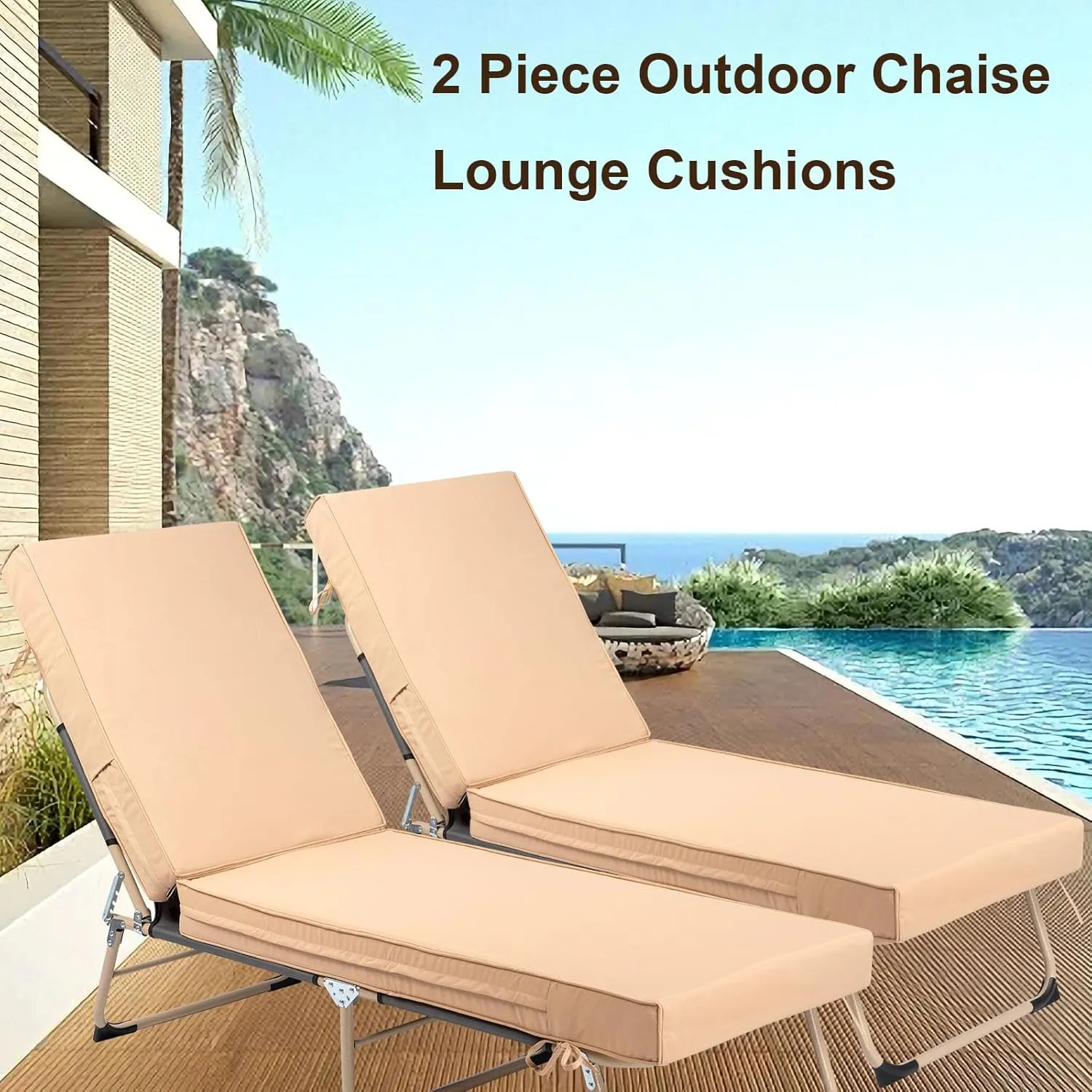 2 PCS Outdoor Chaise Lounge Cushion Waterproof and Sunlight Resistant, 4 inch Lounge Deck Reclining Chair Cushions for Patio Furniture Lawn Pool Resort Hotel
