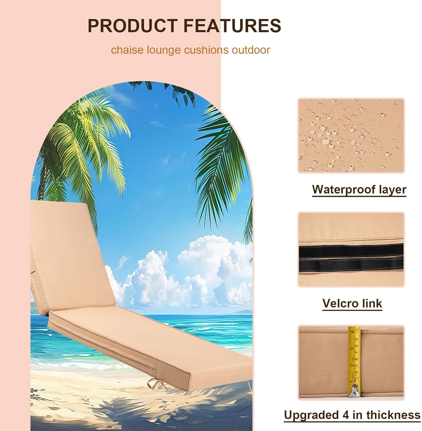 2 PCS Outdoor Chaise Lounge Cushion Waterproof and Sunlight Resistant, 4 inch Lounge Deck Reclining Chair Cushions for Patio Furniture Lawn Pool Resort Hotel