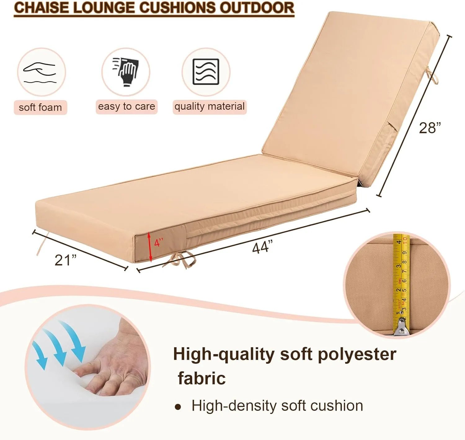2 PCS Outdoor Chaise Lounge Cushion Waterproof and Sunlight Resistant, 4 inch Lounge Deck Reclining Chair Cushions for Patio Furniture Lawn Pool Resort Hotel