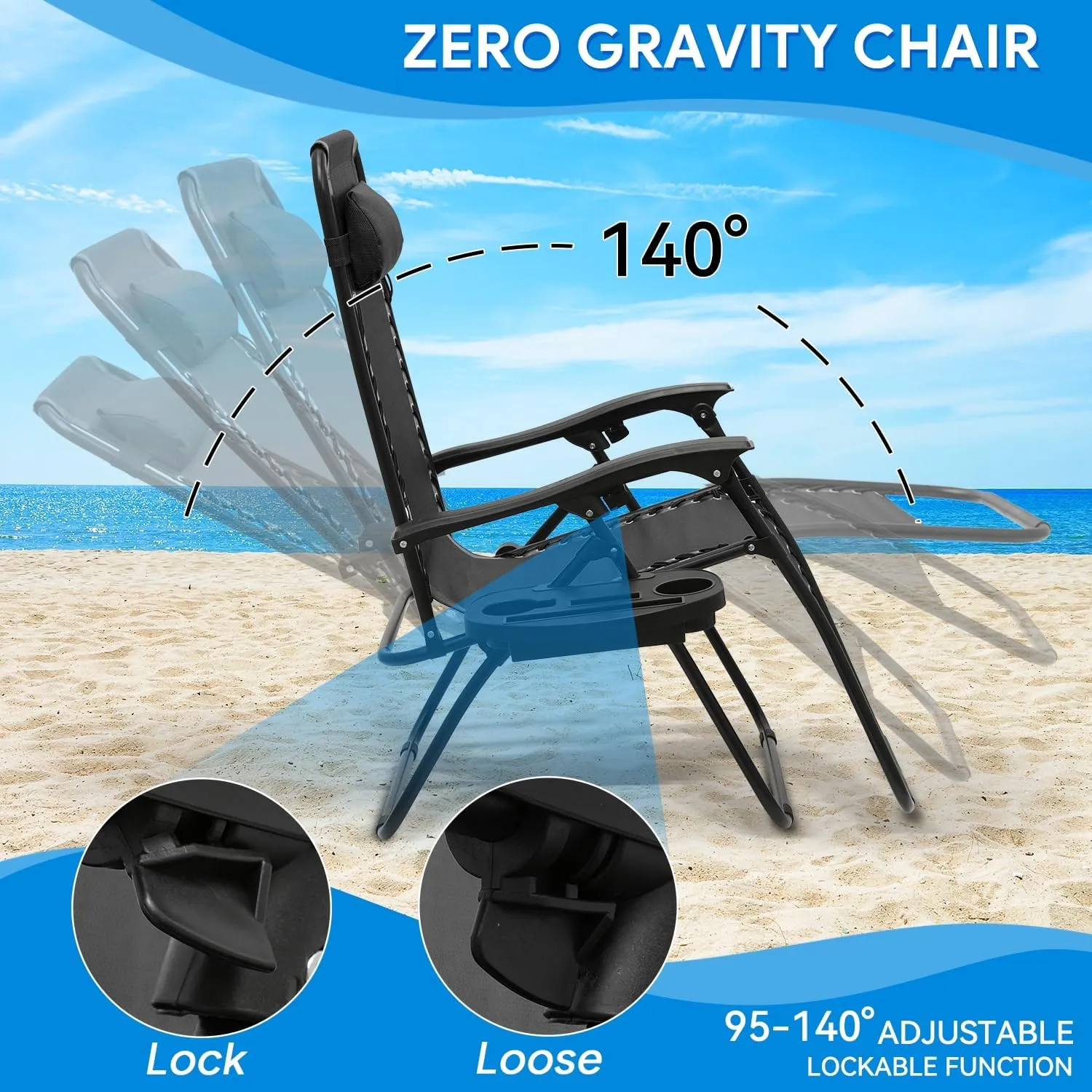 2 pcs Zero Gravity Chairs Outdoor Folding Patio Lounge Chairs for Outside Reclining Lawn Chairs Recliner Beach Chairs for Adults, CAAP-BCC-C2P-BK