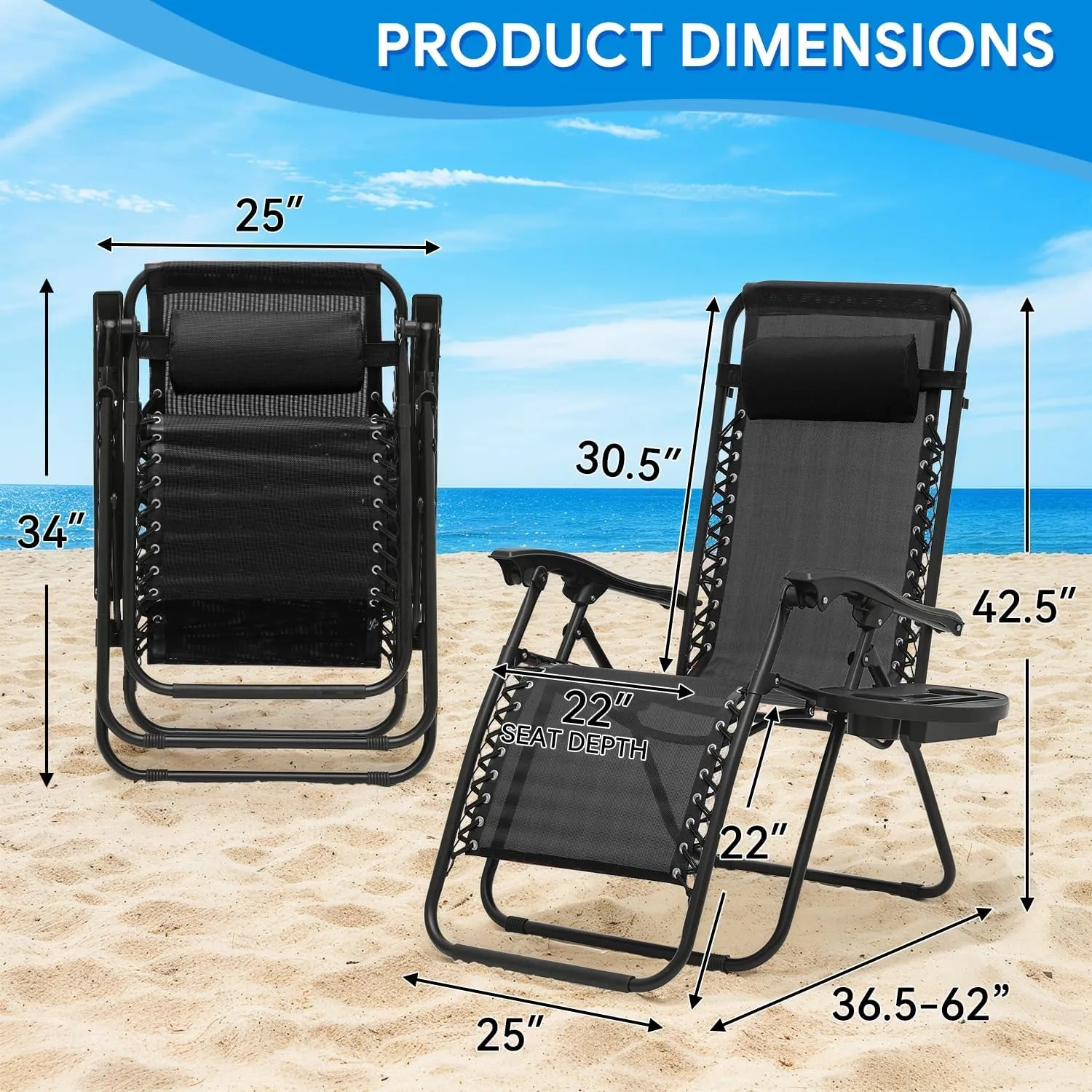 2 pcs Zero Gravity Chairs Outdoor Folding Patio Lounge Chairs for Outside Reclining Lawn Chairs Recliner Beach Chairs for Adults, CAAP-BCC-C2P-BK