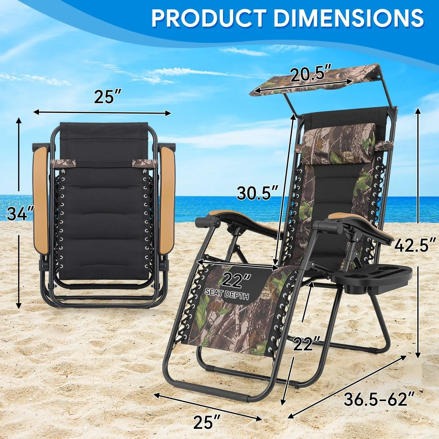 2 pcs Zero Gravity Chairs with Adjustable Sunshade Canopy, Headrest, and Cup Holder Tray for Outdoor Lounging, CAAP-BCC-B2P-JG