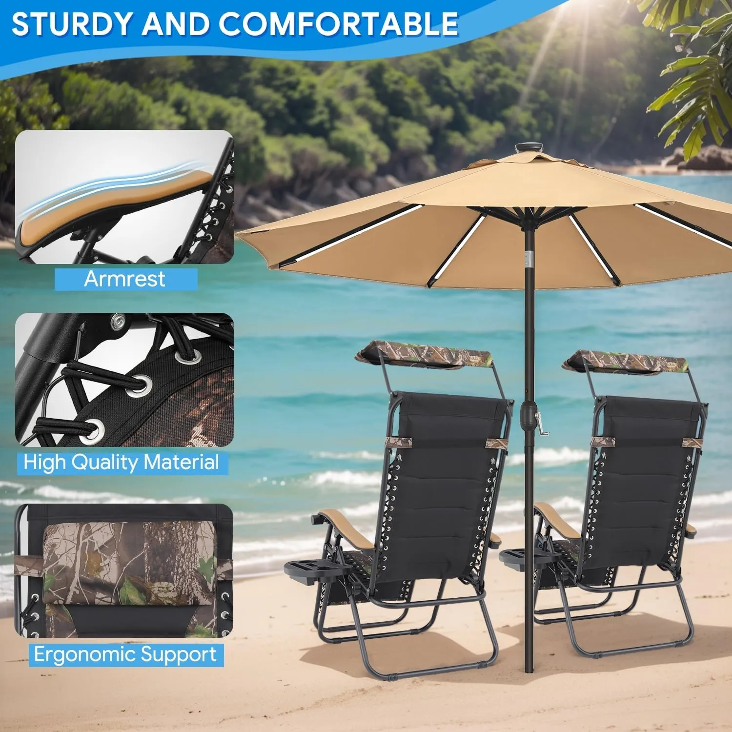 2 pcs Zero Gravity Chairs with Adjustable Sunshade Canopy, Headrest, and Cup Holder Tray for Outdoor Lounging, CAAP-BCC-B2P-JG
