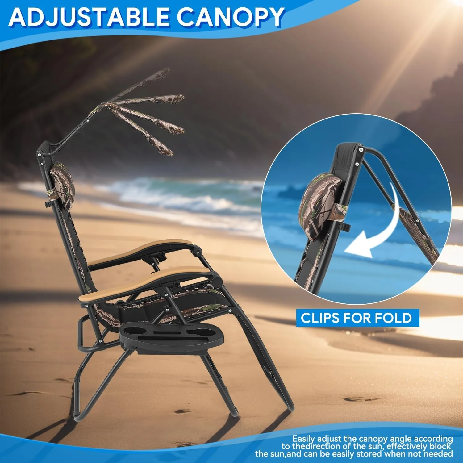 2 pcs Zero Gravity Chairs with Adjustable Sunshade Canopy, Headrest, and Cup Holder Tray for Outdoor Lounging, CAAP-BCC-B2P-JG
