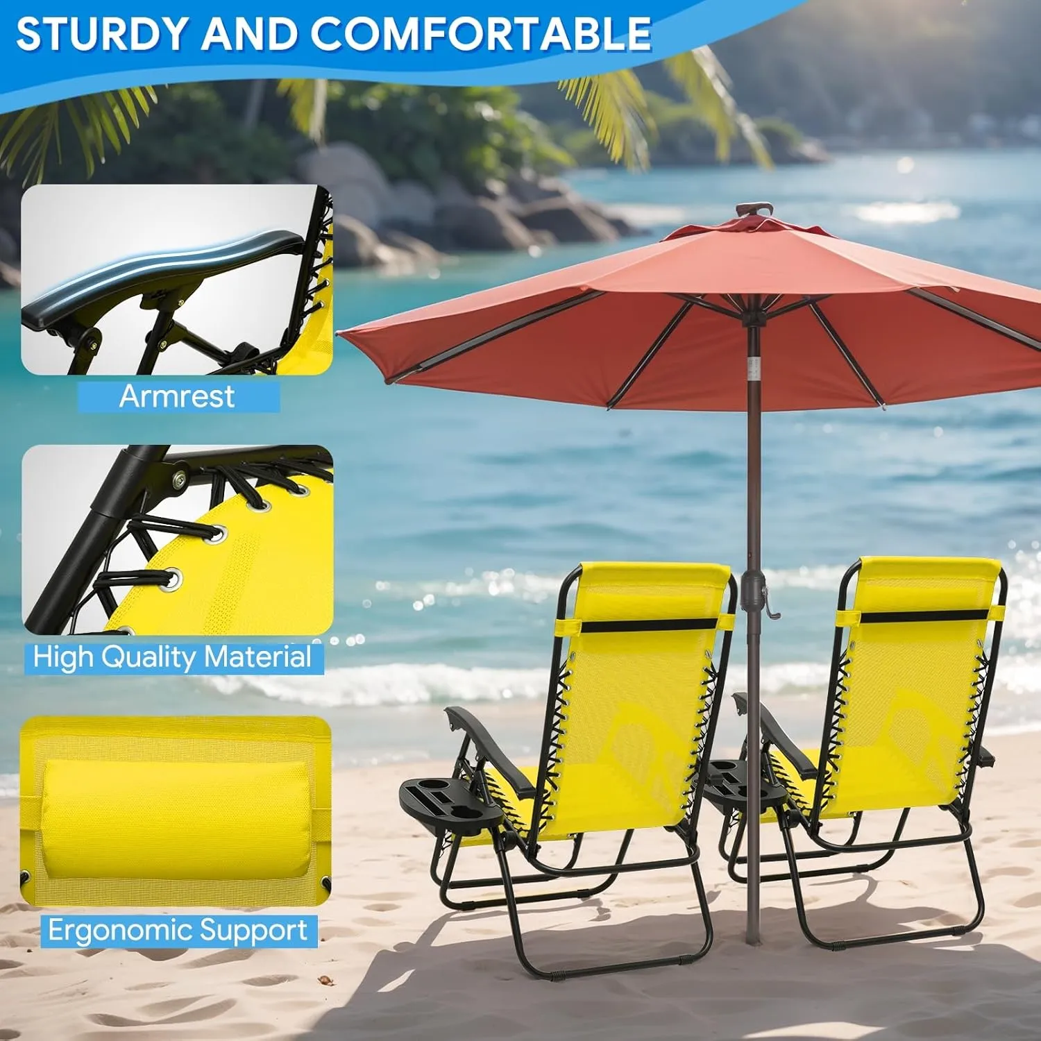 2 pcs Zero Gravity Lounge Chair, Foldable Patio Recliners with Cup Holder Tray & Ergonomic Headrest for Outdoor, Beach, Camping, CAAP-BCC-C2P-SY