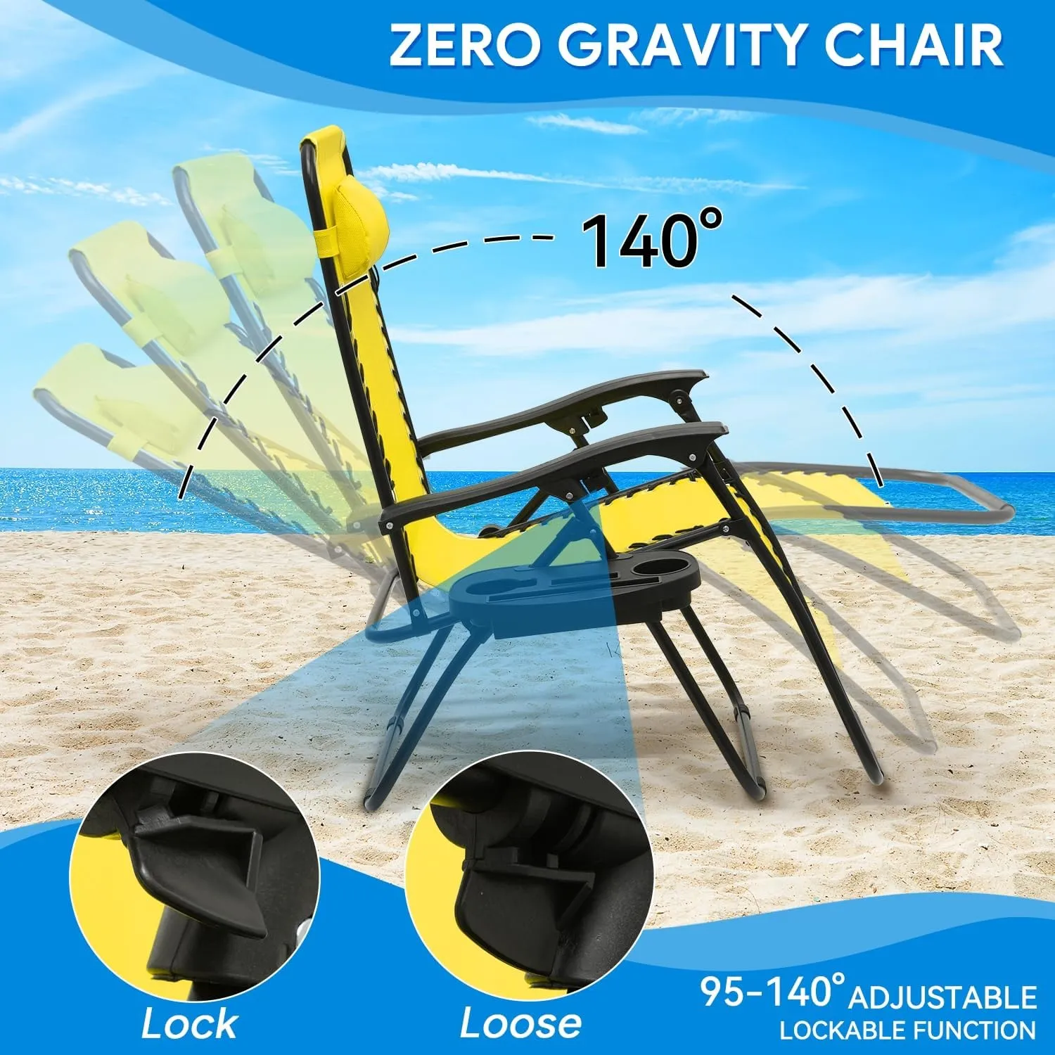 2 pcs Zero Gravity Lounge Chair, Foldable Patio Recliners with Cup Holder Tray & Ergonomic Headrest for Outdoor, Beach, Camping, CAAP-BCC-C2P-SY