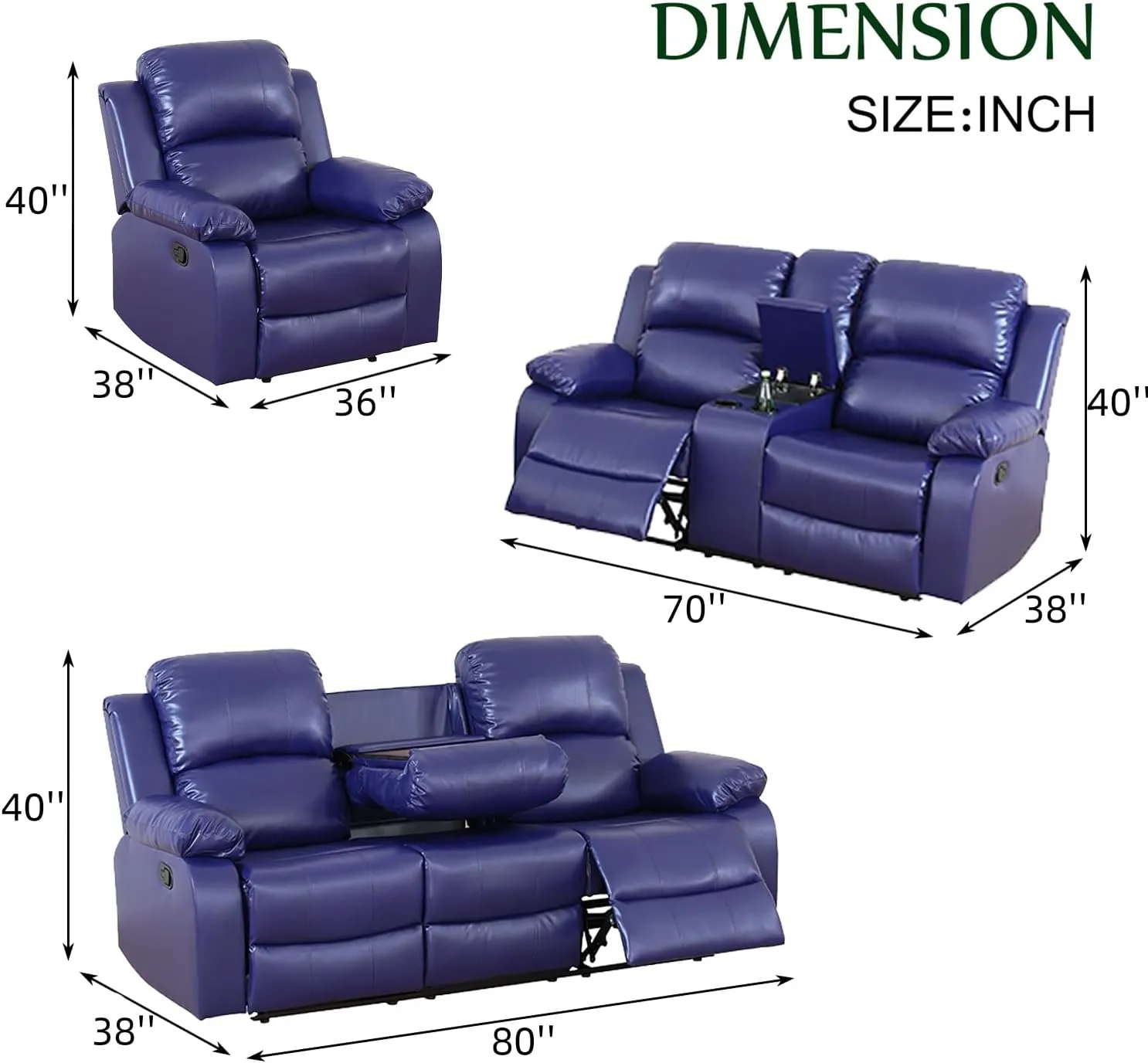 2 Pieces Leather Recliner Sofa Set，Recliner Sofa and Loveseat Sets for Living Room Furniture Sets，Dark Blue Recliner Couch Set for Living Room/Office/Theater Seating(Sofa Set 2 Pieces)
