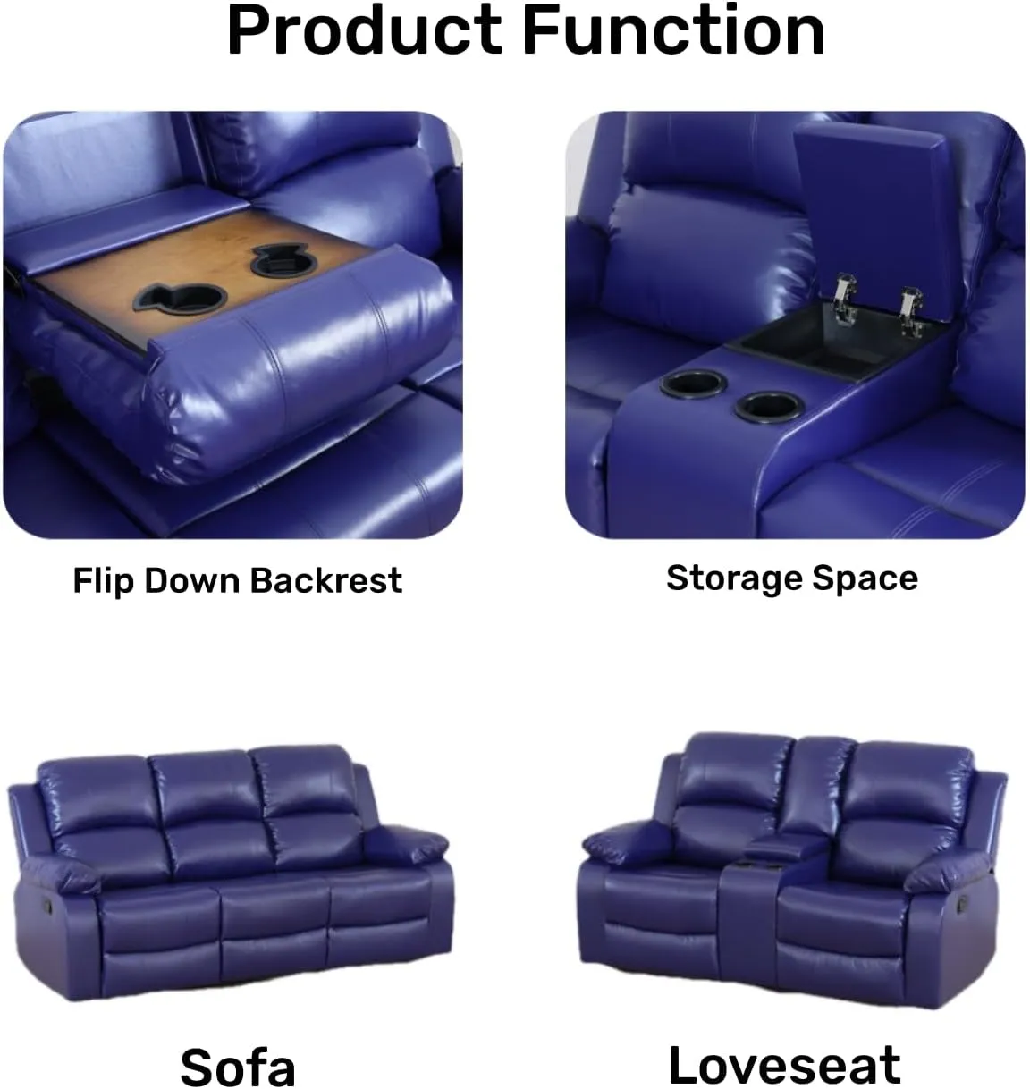 2 Pieces Leather Recliner Sofa Set，Recliner Sofa and Loveseat Sets for Living Room Furniture Sets，Dark Blue Recliner Couch Set for Living Room/Office/Theater Seating(Sofa Set 2 Pieces)