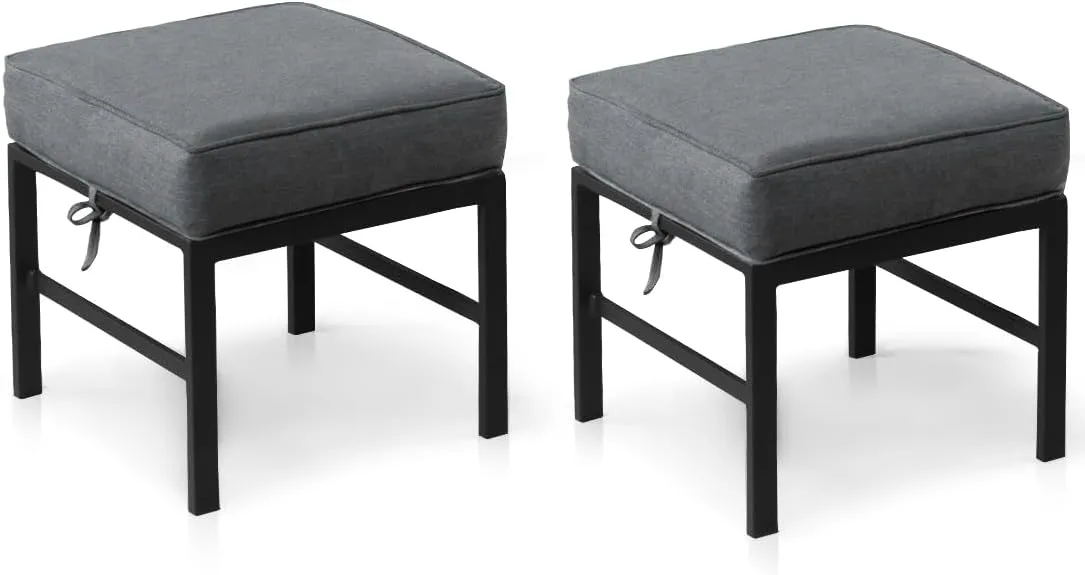 2 Pieces Outdoor Ottomans for Patio, Assembled Aluminum Outdoor Ottoman with Gray Cushions, Aluminum Small Outdoor Foot Stools for Patio Porch Yard Garden Deck, Black Frame