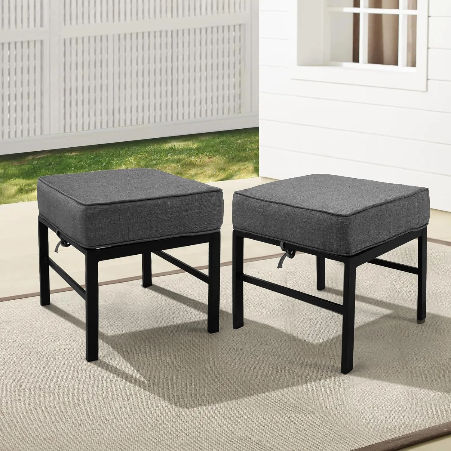 2 Pieces Outdoor Ottomans for Patio, Assembled Aluminum Outdoor Ottoman with Gray Cushions, Aluminum Small Outdoor Foot Stools for Patio Porch Yard Garden Deck, Black Frame