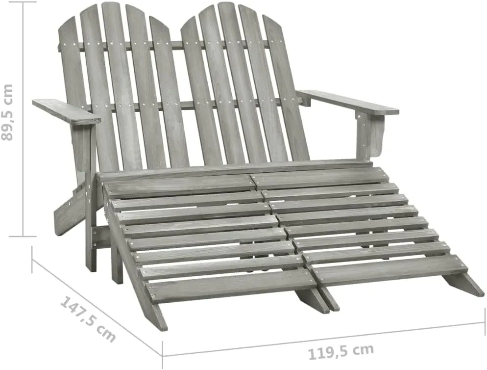 2-Seater Fir Wood Gray Adirondack Chair with Ottoman Outdoor Patio Furniture Set for Backyard Deck Garden Lounge
