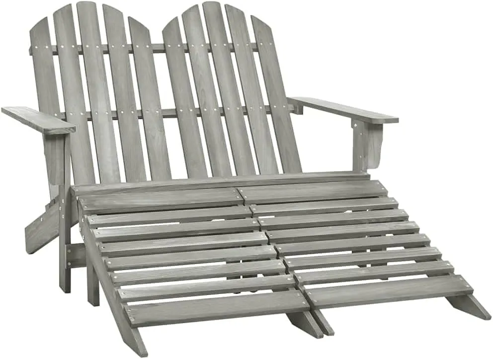 2-Seater Fir Wood Gray Adirondack Chair with Ottoman Outdoor Patio Furniture Set for Backyard Deck Garden Lounge