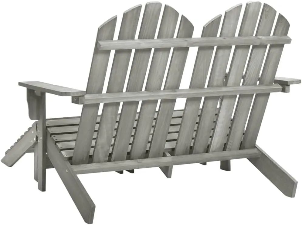 2-Seater Fir Wood Gray Adirondack Chair with Ottoman Outdoor Patio Furniture Set for Backyard Deck Garden Lounge