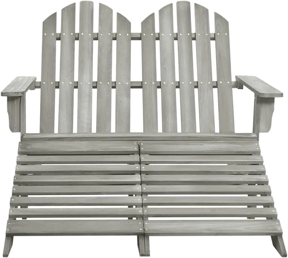 2-Seater Fir Wood Gray Adirondack Chair with Ottoman Outdoor Patio Furniture Set for Backyard Deck Garden Lounge