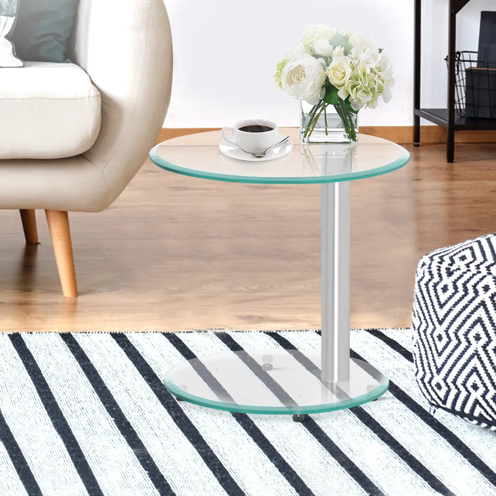 2 Tier Side Coffee Table with Tempered Glass Top