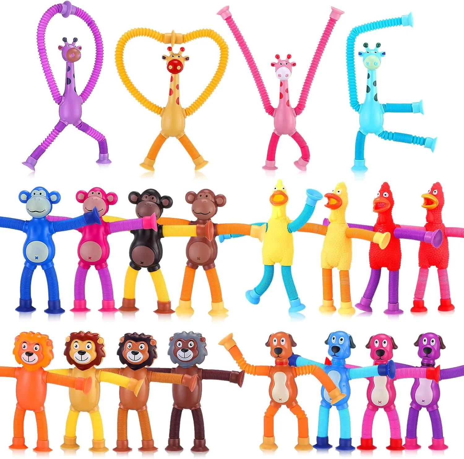 20 Pcs Telescopic Suction Cup Giraffe Toy Dog Monkey Tiger Screaming Chicken Sensory Tubes Bendable Suction Toys Educational Fidget Toys for Girls Boys Prize(Normal)