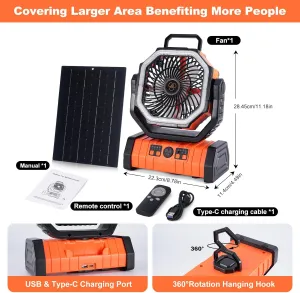 20000mAh Solar fan, Camping Fan with Solar Panel, 10W Rechargeable Solar Powered Fan for Outside, LED Lantern, Quiet Battery Operated Tent Fan for Picnic, Barbecue, Fishing, Travel (Orange)