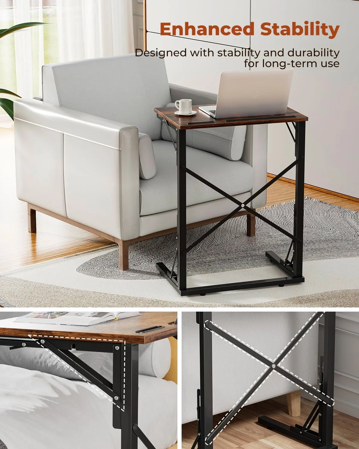 21''Wx28''H Folding TV Tray, Small Foldable C-Shaped End Table for Eating with Tablet and Phone Slots, Slide Under Couch Side Table for Recliner, Living Room, Bedroom, Rustic Brown