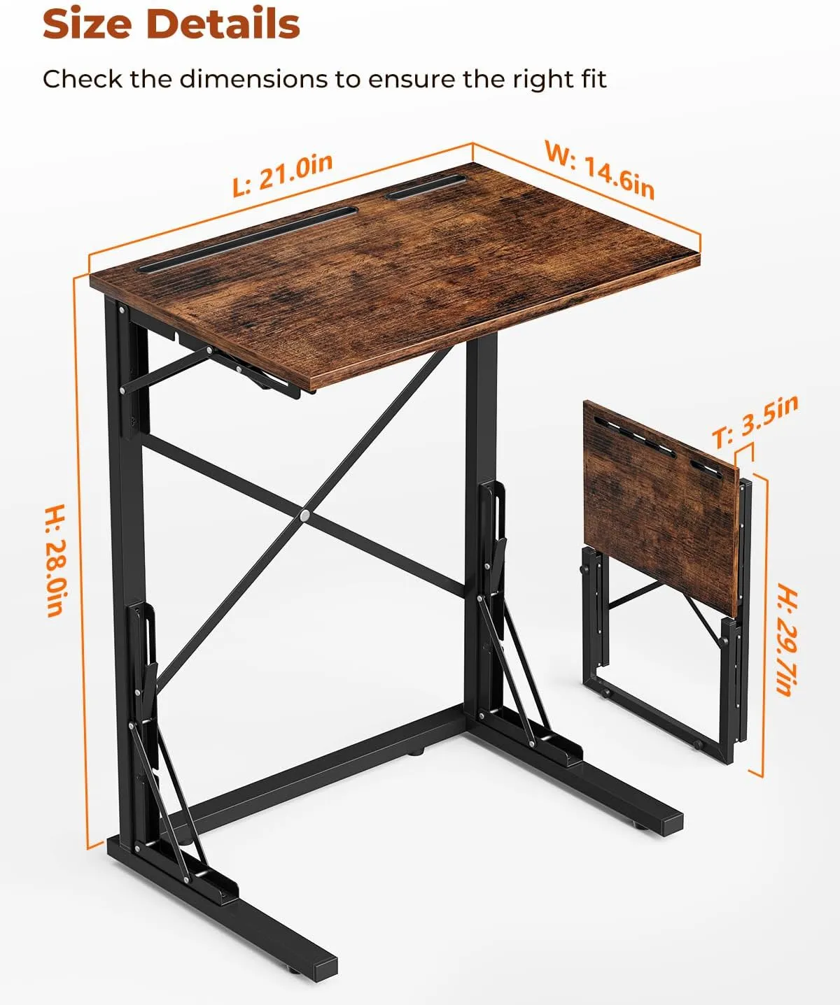 21''Wx28''H Folding TV Tray, Small Foldable C-Shaped End Table for Eating with Tablet and Phone Slots, Slide Under Couch Side Table for Recliner, Living Room, Bedroom, Rustic Brown