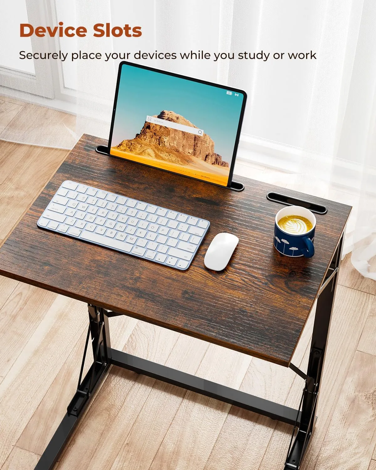 21''Wx28''H Folding TV Tray, Small Foldable C-Shaped End Table for Eating with Tablet and Phone Slots, Slide Under Couch Side Table for Recliner, Living Room, Bedroom, Rustic Brown
