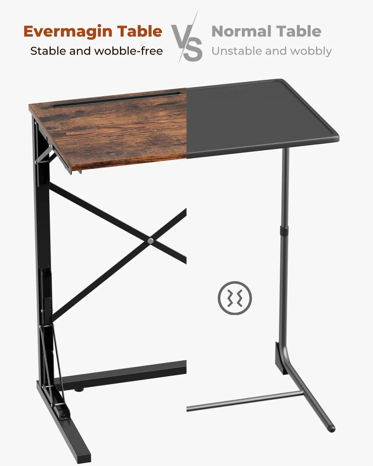 21''Wx28''H Folding TV Tray, Small Foldable C-Shaped End Table for Eating with Tablet and Phone Slots, Slide Under Couch Side Table for Recliner, Living Room, Bedroom, Rustic Brown