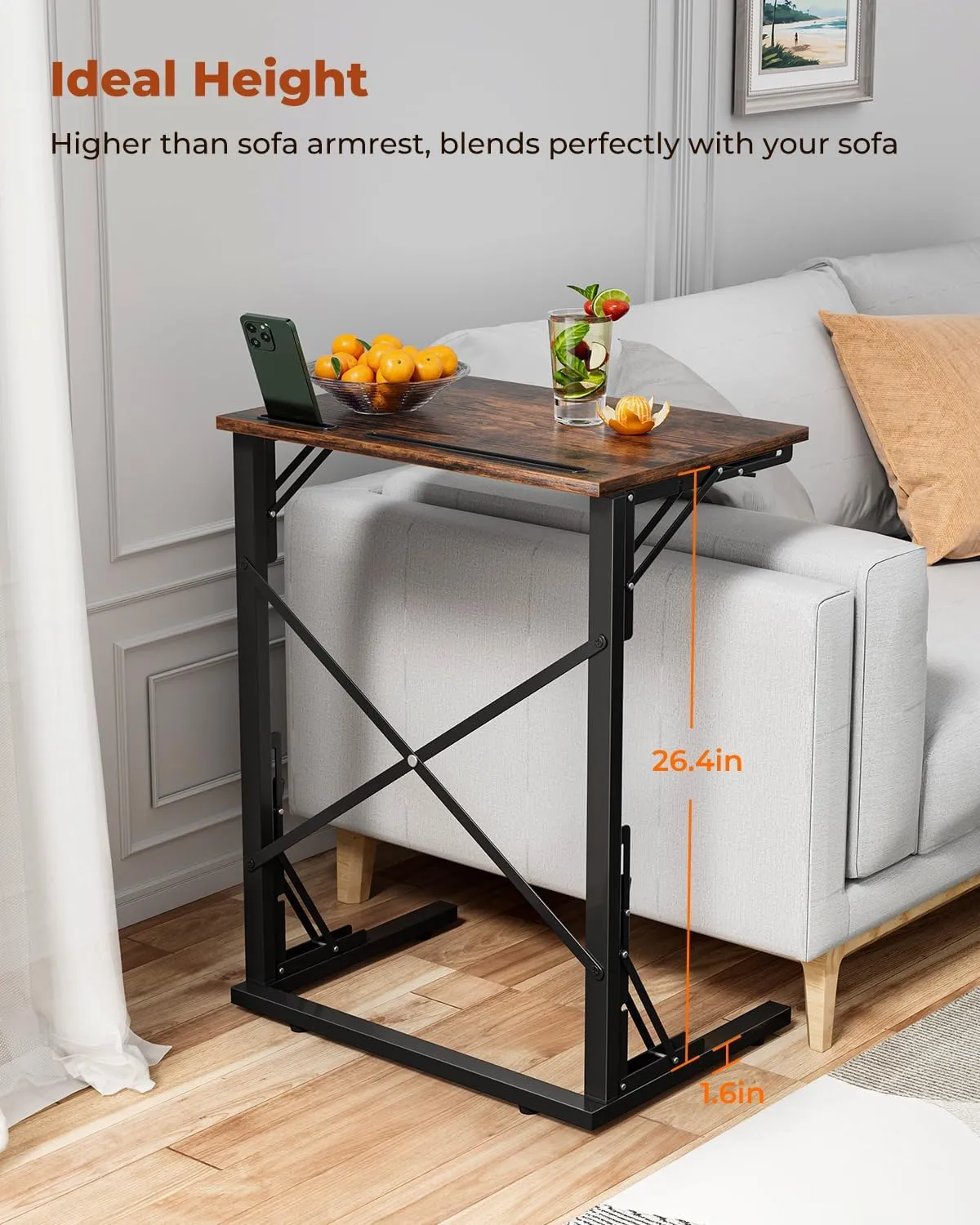 21''Wx28''H Folding TV Tray, Small Foldable C-Shaped End Table for Eating with Tablet and Phone Slots, Slide Under Couch Side Table for Recliner, Living Room, Bedroom, Rustic Brown