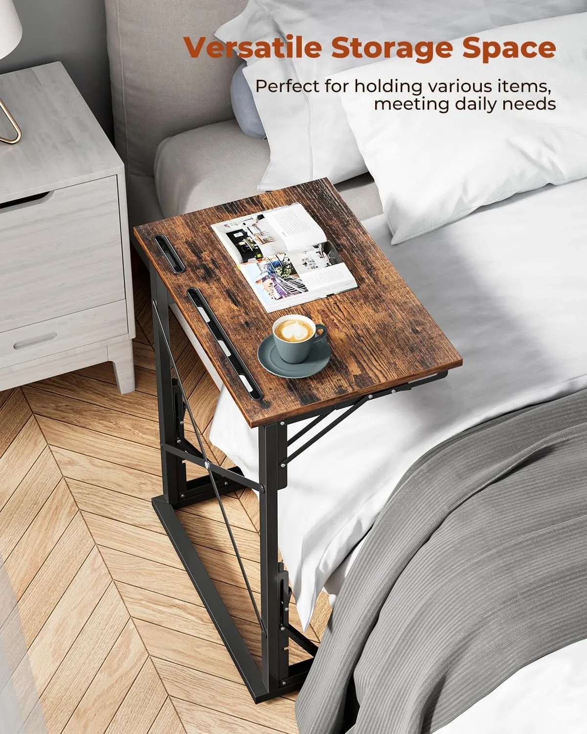 21''Wx28''H Folding TV Tray, Small Foldable C-Shaped End Table for Eating with Tablet and Phone Slots, Slide Under Couch Side Table for Recliner, Living Room, Bedroom, Rustic Brown