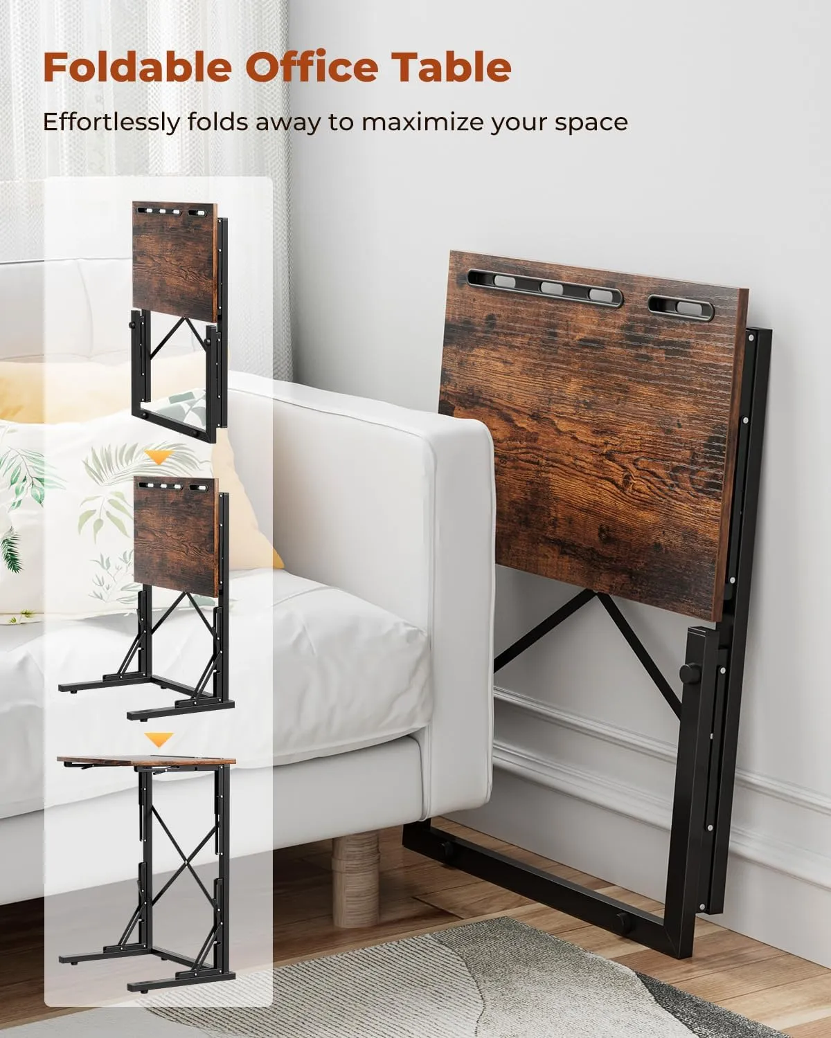 21''Wx28''H Folding TV Tray, Small Foldable C-Shaped End Table for Eating with Tablet and Phone Slots, Slide Under Couch Side Table for Recliner, Living Room, Bedroom, Rustic Brown